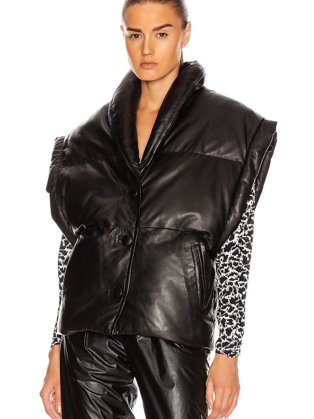 Black Leather Puffer Vest Jacket